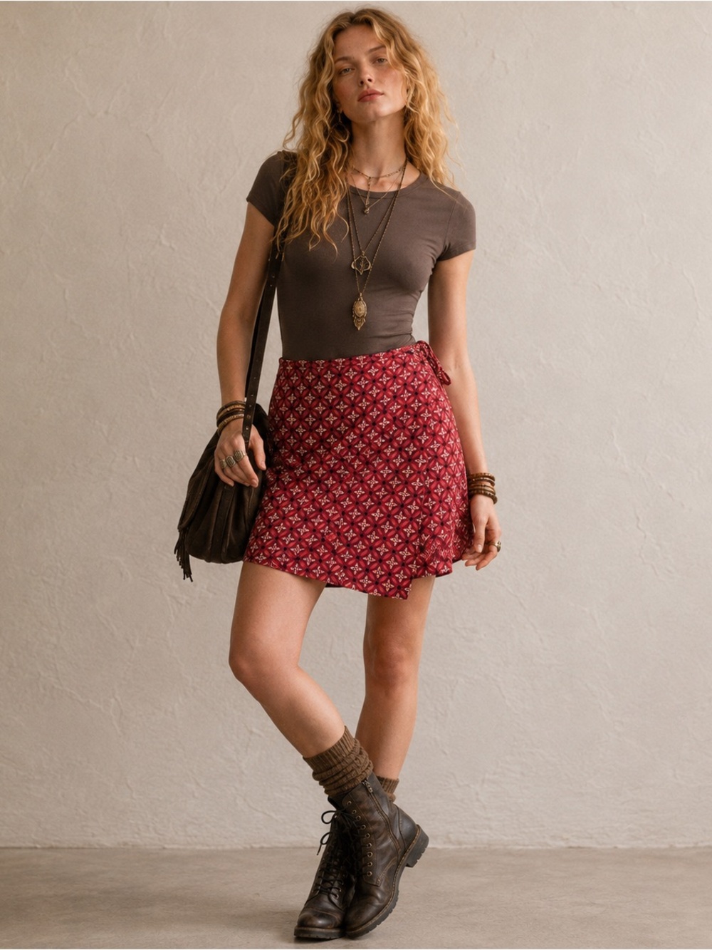 Vintage 90’s Gap Wrap Mini Skirt Womens Small Red Geometric Print  Boho Rayon